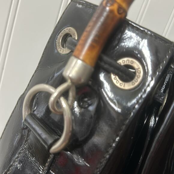 RARE GUCCI Bamboo Handle Tote Bag Black Patent Leather EUC - Picture 3 of 13